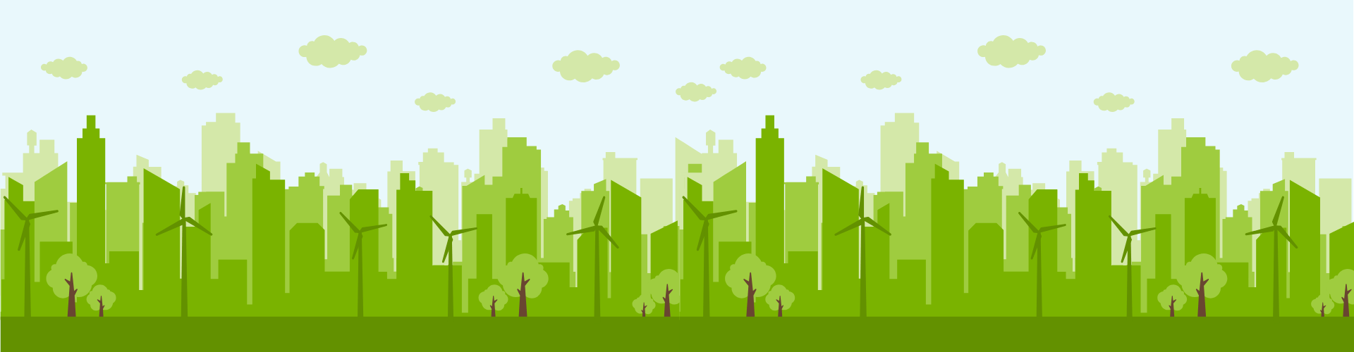 a cartoon green cityscape with trees and wind turbines