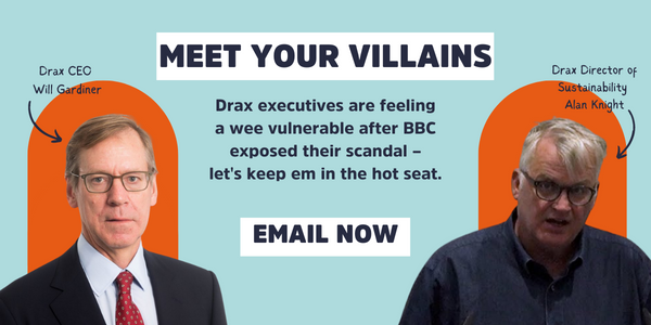 Meet your villains text with images off Drax's CEO and Director of Sustainability looking dumbfounded
