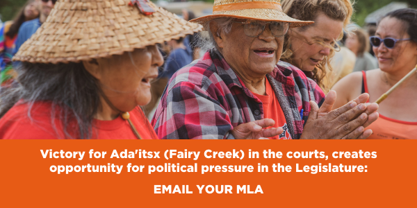 Elder Bill Jones and Grandma Osa celebrating at Ada'itsx (Fairy Creek)
