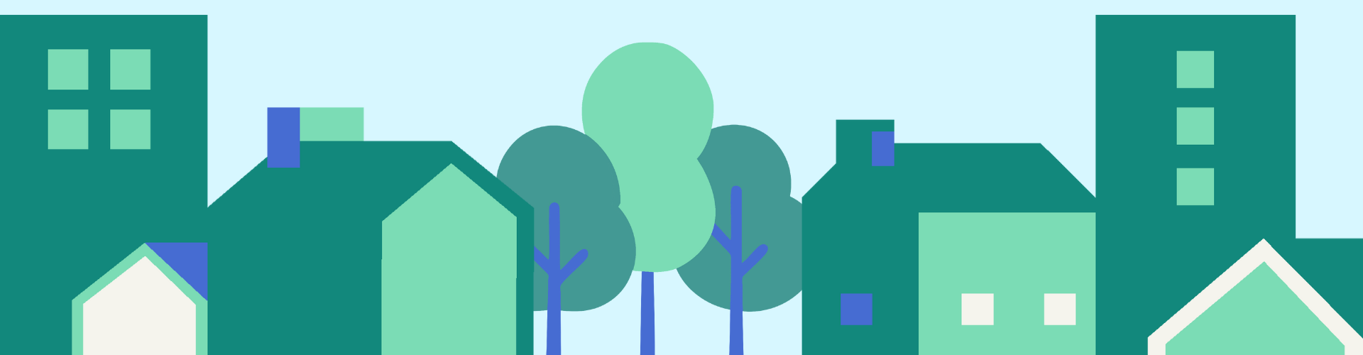a cartoon green and blue cityscape with houses, apartment buildings and trees