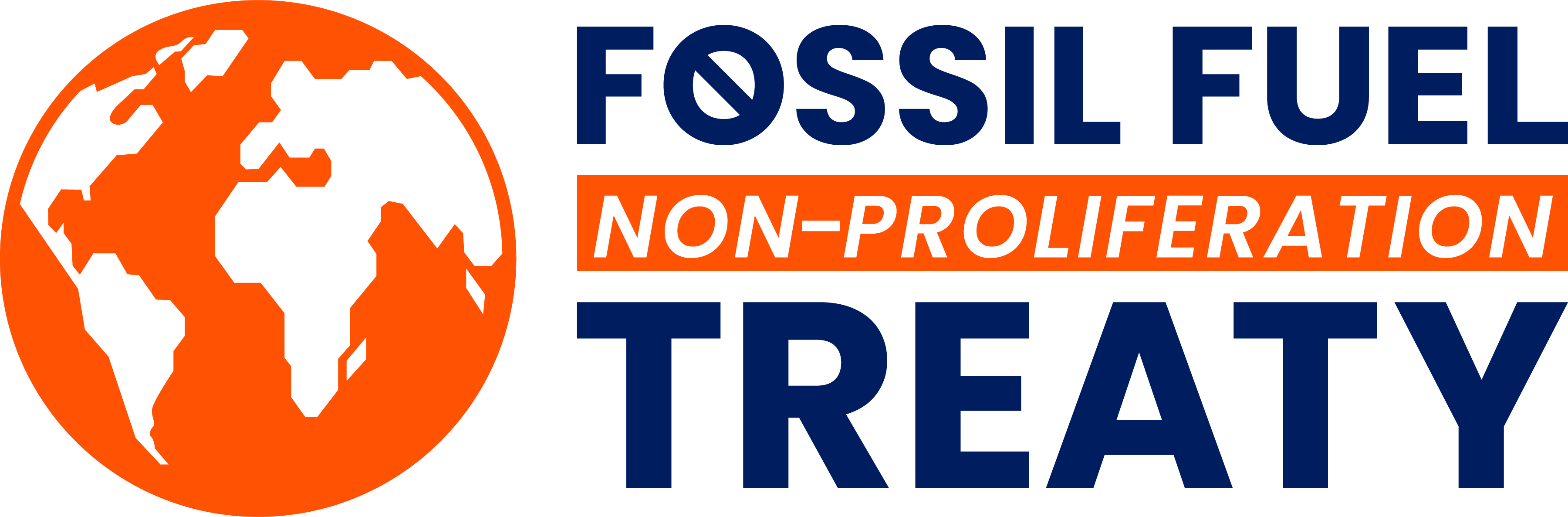 An orange globe next to words that read: Fossil Fuel Non-Proliferation Treaty