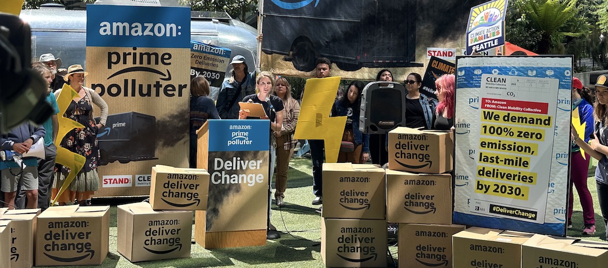 Protesters against Amazon delivery pollution.