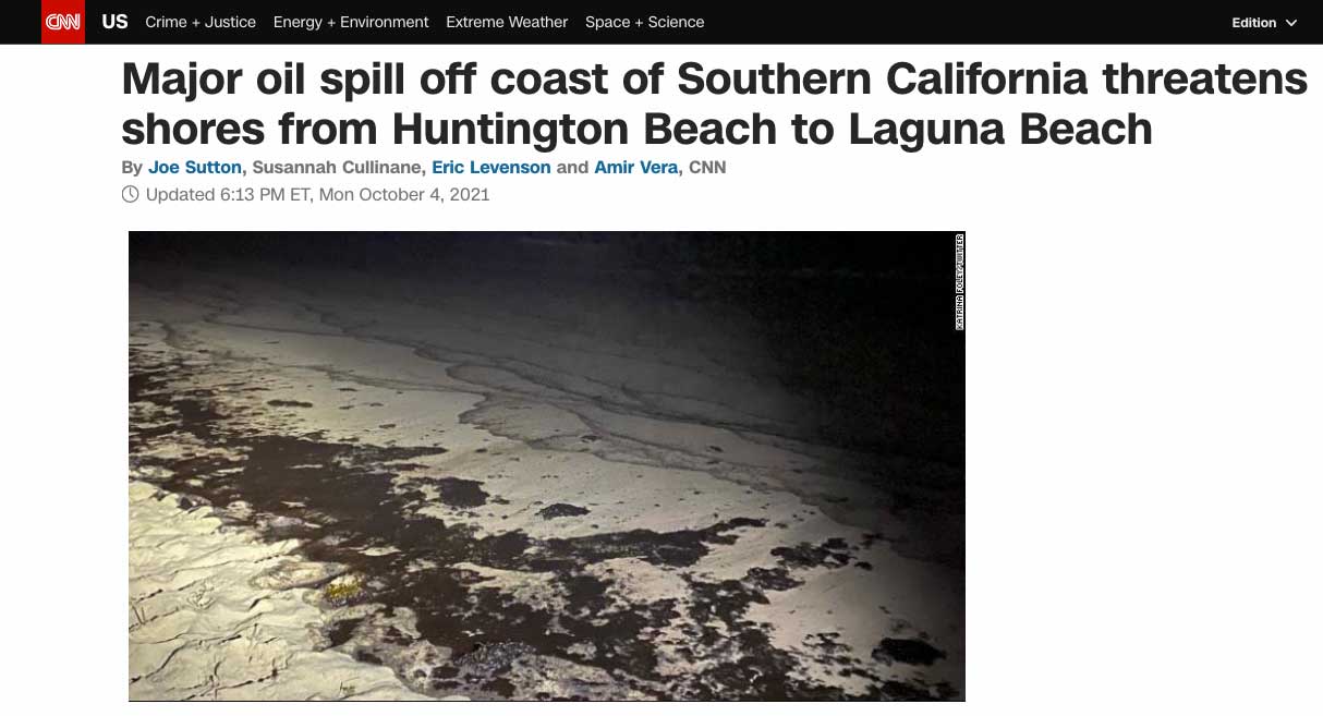CNN new article headline and photo of the Huntington beach oil spill