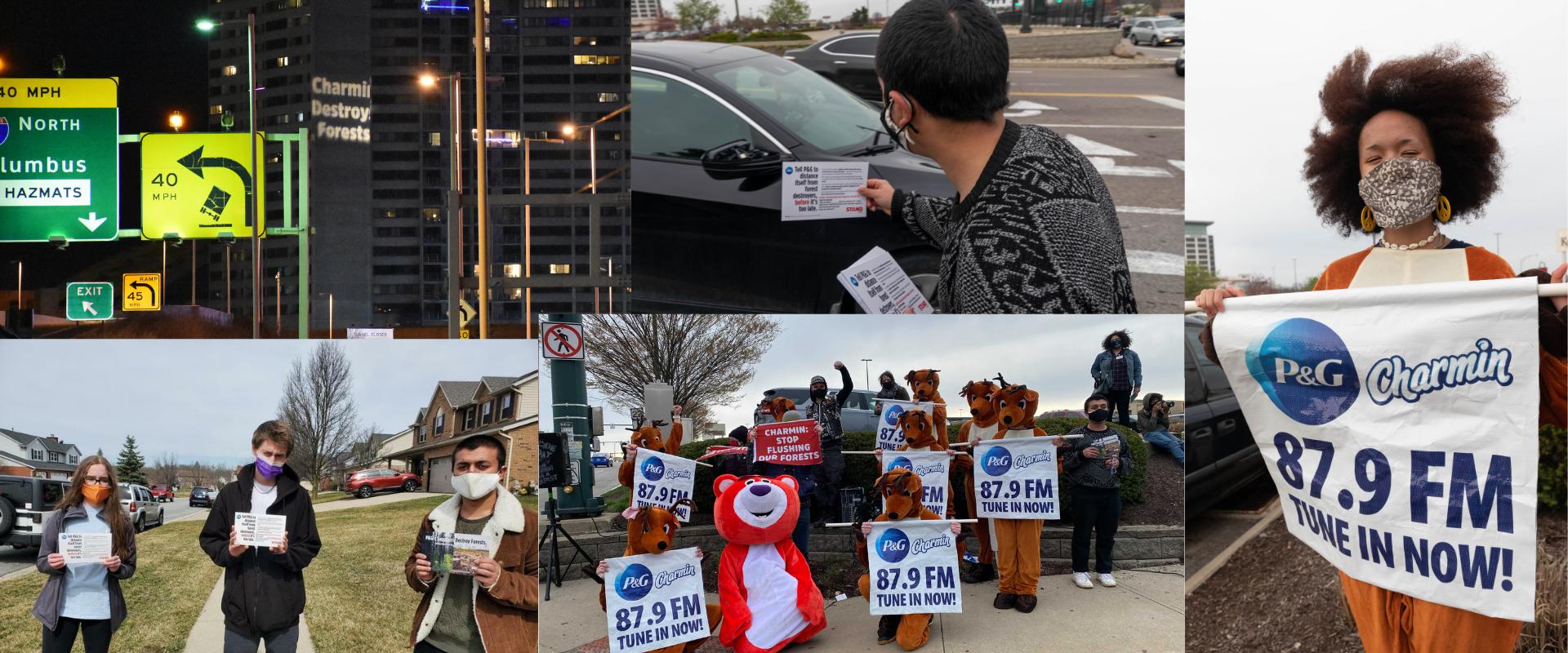 Activists doing pirate radio action, light projection and literature handouts in Cincinnati