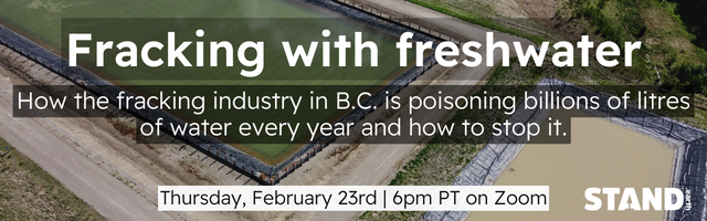 Fracking with freshwater graphic over an aerial photo of toxic water pits