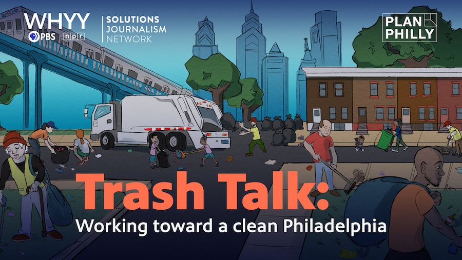 Illustration by Andre Reed featuring people cleaning up, with the Philadelphia skyline in the back.