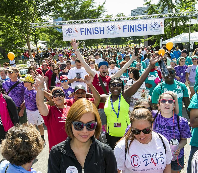 Walkers greeting each other at the finish line