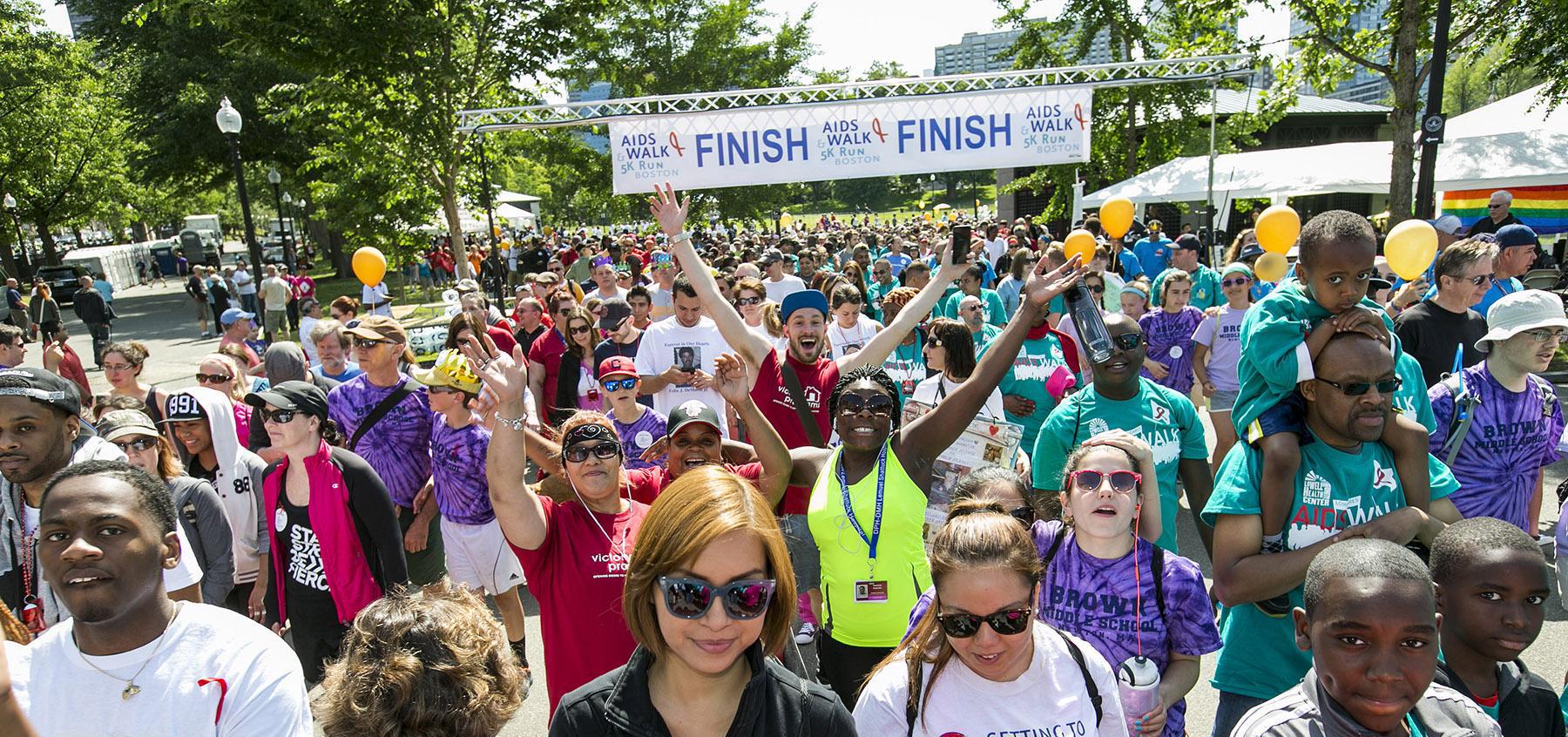 Walkers greeting each other at the finish line