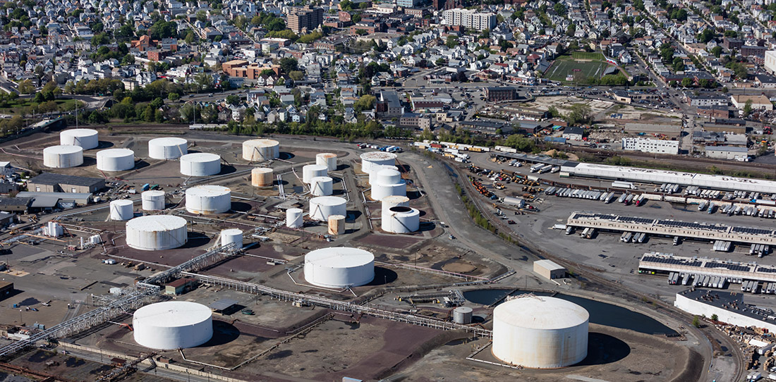Aerial view of ExxonMobil storage terminal in Massachusetts
