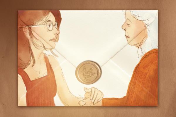 A graphic of the author holding her grandmother's hand