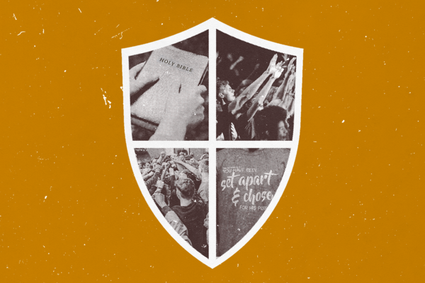 A graphic of a shield containing images of a Bible, an evangelical worship service, a youth group, and a Christian T-shirt.