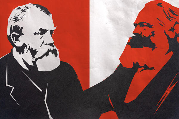 A graphic of Karl Marx and D.L. Moody