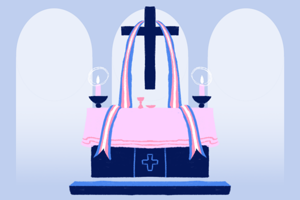 An altar and a cross with a trans pride ribbon