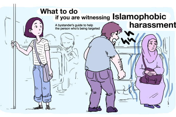 Comic strip about how to intervene if someone sees islamophobic harassment