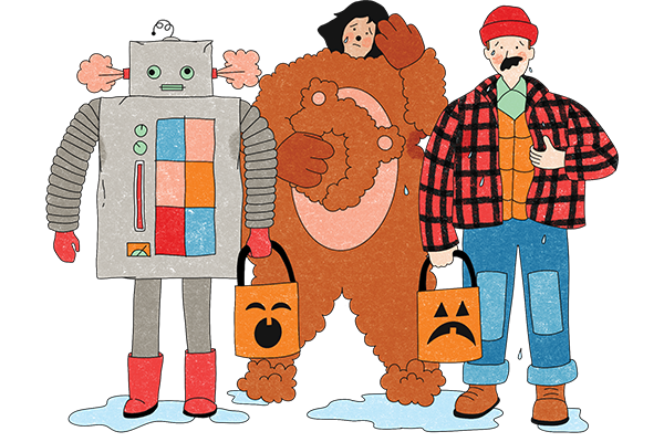 Three people dressed up as a robot, a bear, and a lumberjack sweat in the heat.