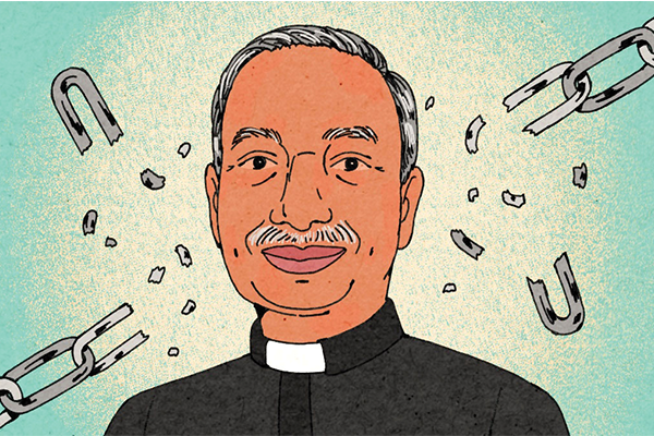 Graphic of a Pakistani priest and broken chains