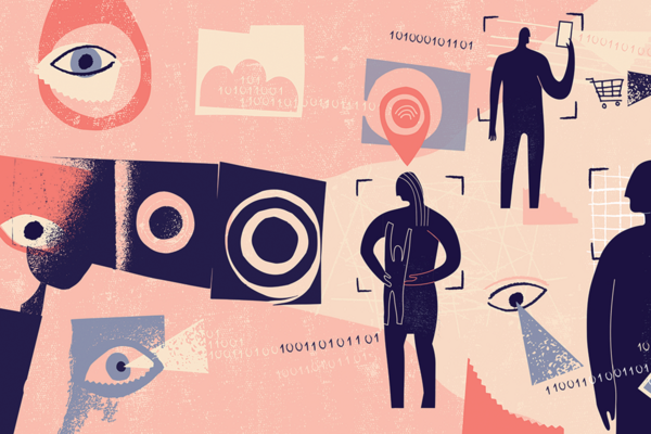 A graphic of eyes, camera lenses, and the people they are watching