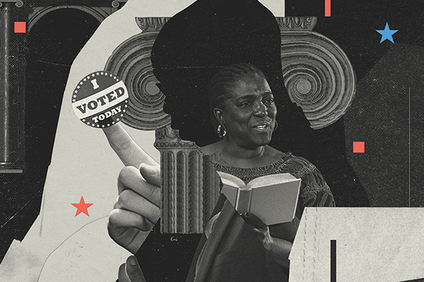 Graphic of preachers and an 'I VOTED TODAY' sticker