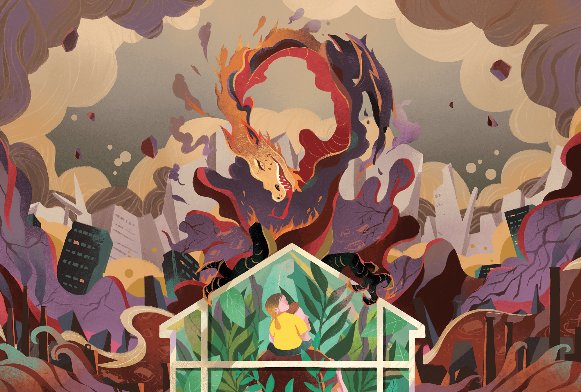 Graphic of a dragon and a child