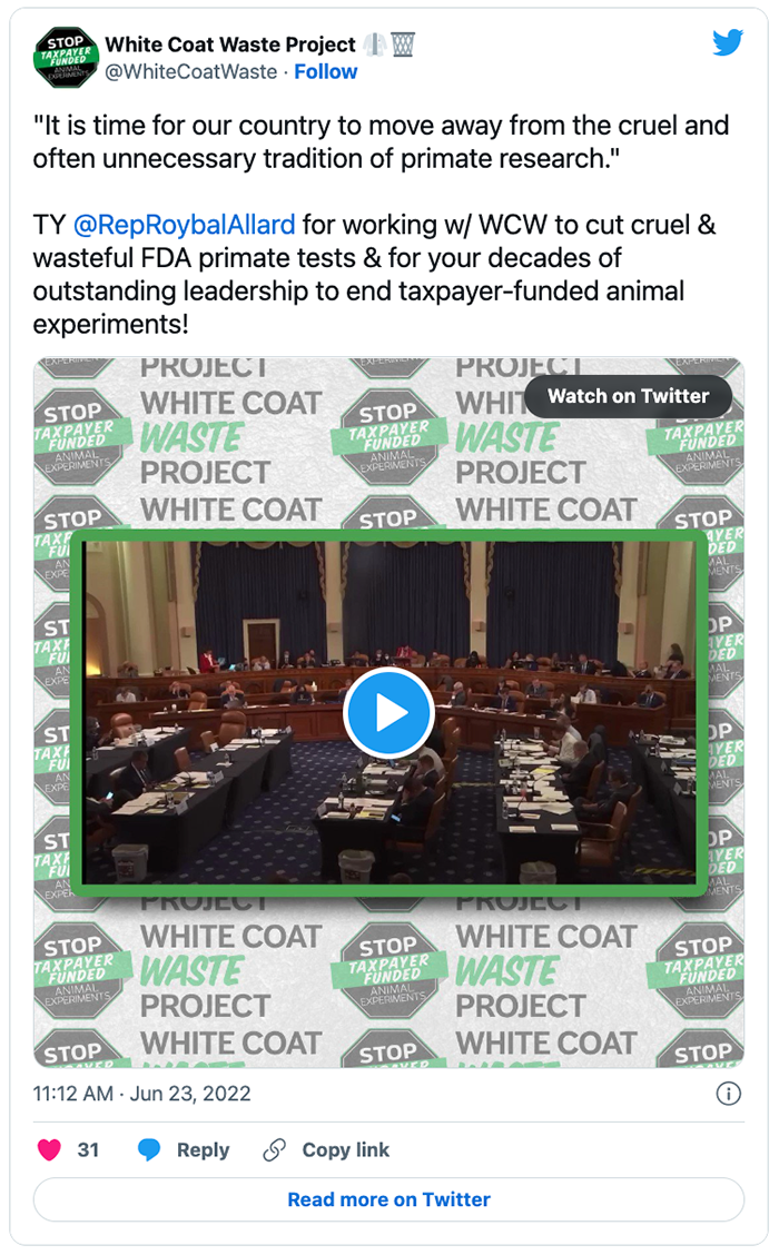 Tweet: FDA's Primate Abuse Drops by 44% Due to Successful Campaigns by WCW