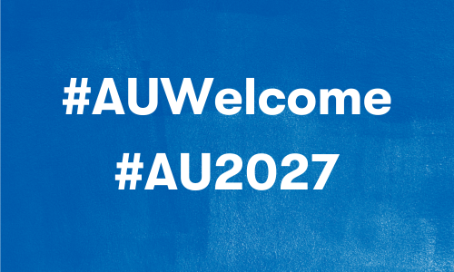 #AUWelcome #AU2027 against a blue background.
