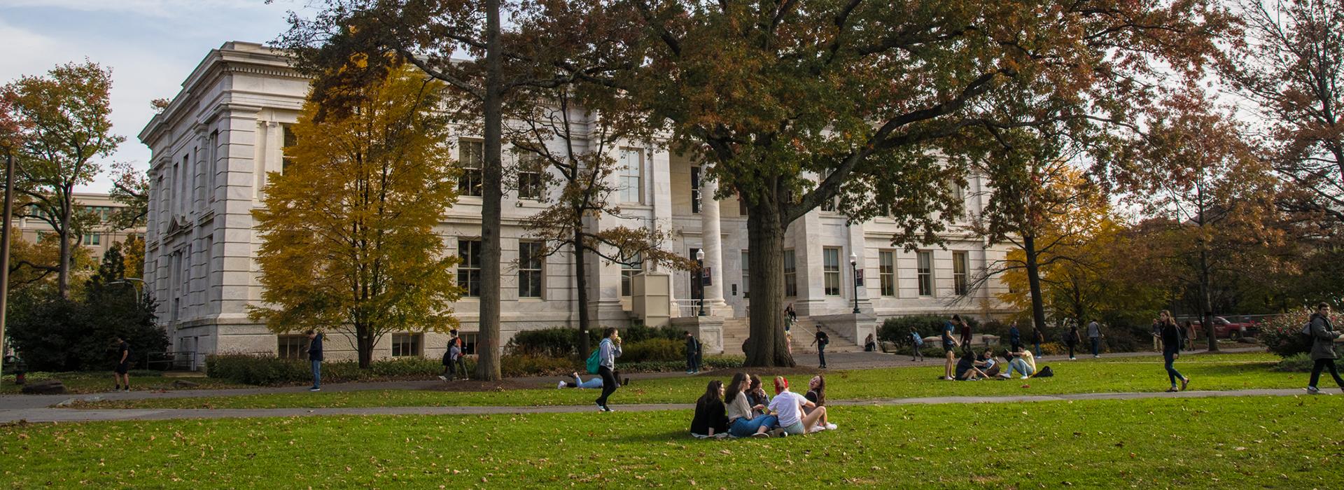 Students sitting on the quad during fall