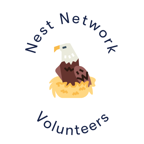 An Eagle in a nest. Text read "Nest Network Volunteers"