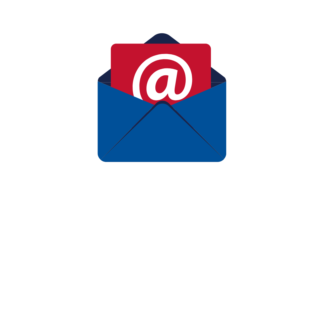 Open blue envelope with red paper inside. Red paper has white @ symbol.