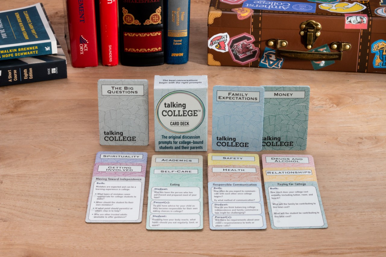 Talking College card decks displayed