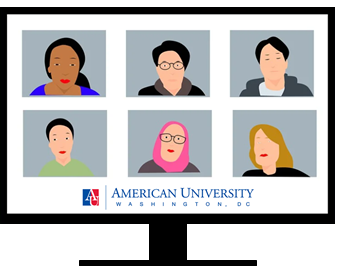 Icon of six people on a zoom call within a computer screen with AU logo
