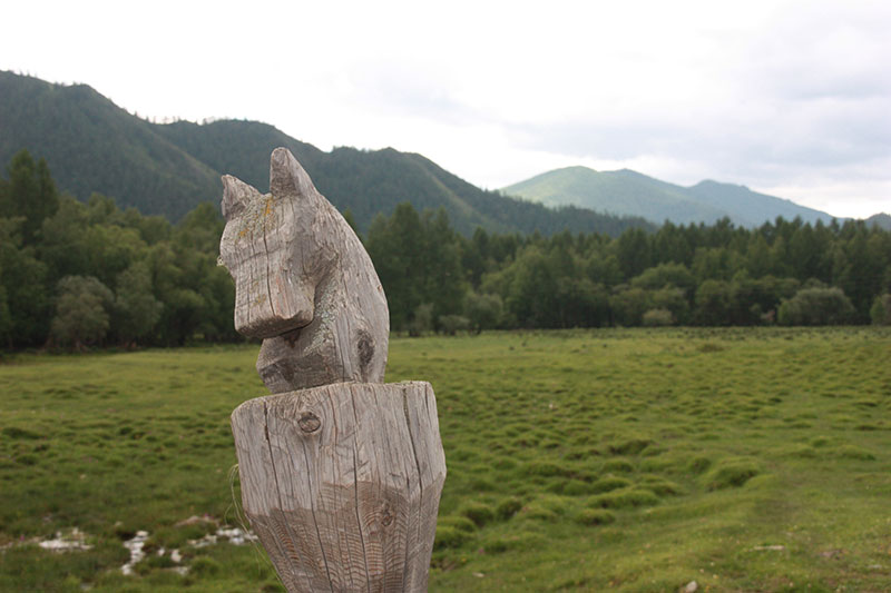 carved wooden horse head in a green landscape