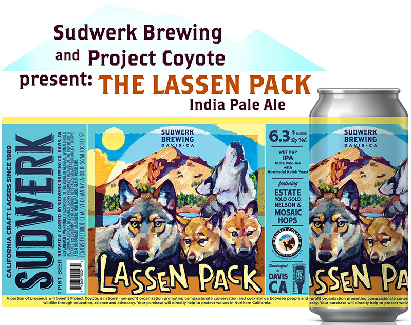 poster showing a wolf-oriented beer label and can