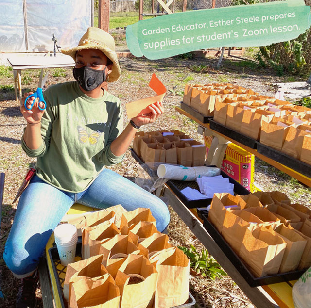 photo of a masked person gardening