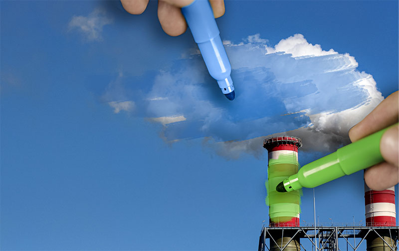 artwork depicting someone coloring a smokestack green