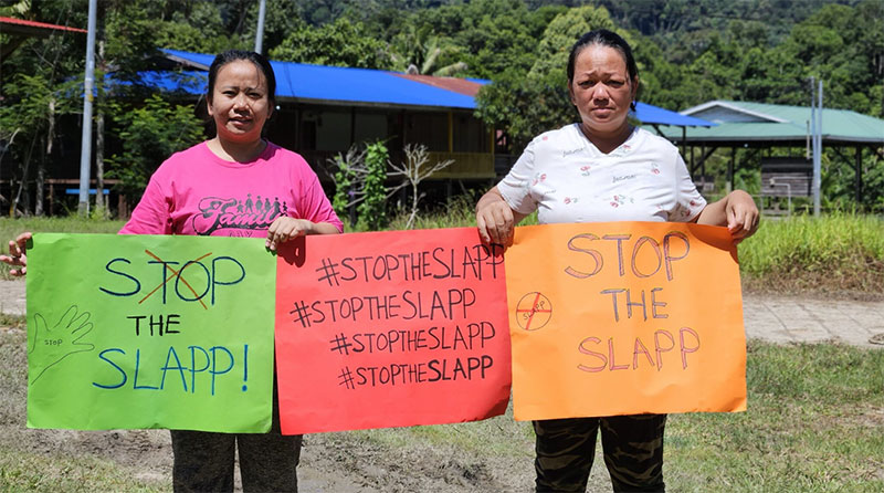 people outdoors holding signs, words stop the SLAPP