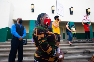 A Los Angeles high school student attends a press conference on the health risks of reopening schools without strong safety measures amid the COVID-19 pandemic, October 2020.