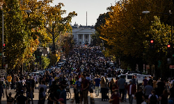 Thousands of people gather at Black Lives Matter Plaza near the White House to celebrate the announcement that Joe Biden will be the 46th president of the United States, Washington, November 2020.