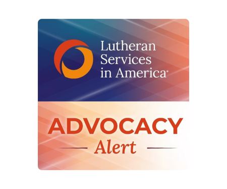 Logo of Lutheran Services in America on a colorful background with the text 