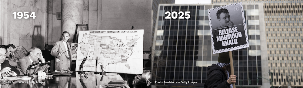 1954 Assault on Free Speech compared to 2025 DHS agent arrests of lawful permanent resident, Mahmoud Khalil