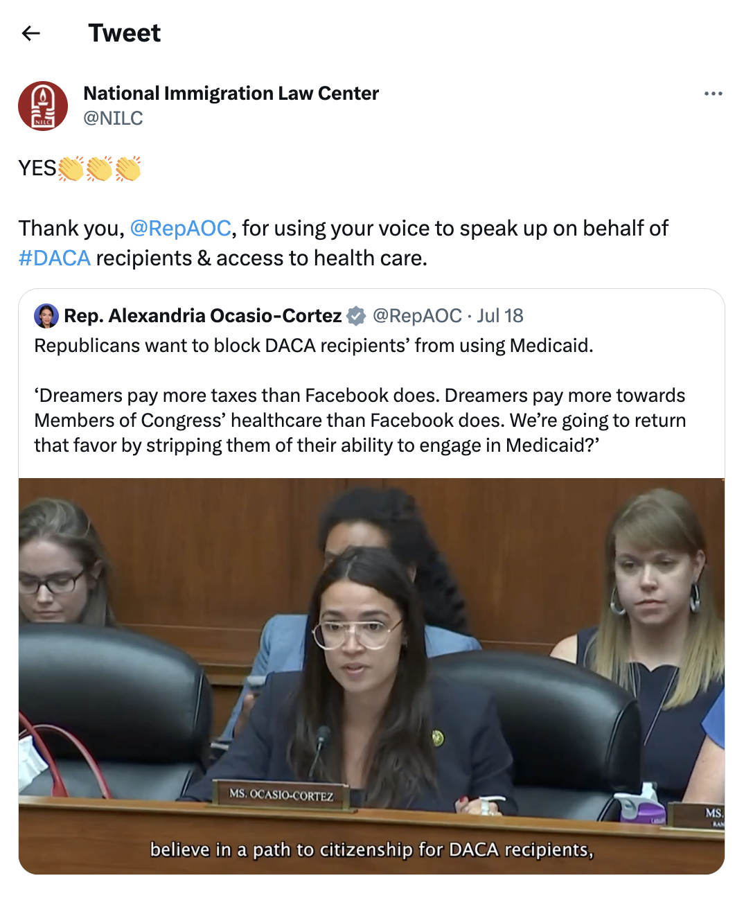 Twitter post by NILC retweeting Rep. Alexandria Ocasio-Cortez's video of her defending DACA recipients' access to Medicaid