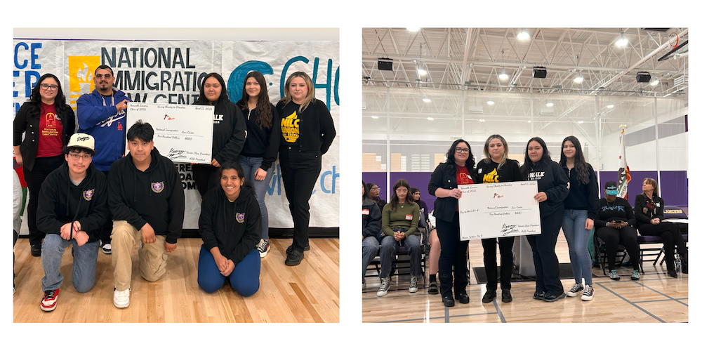 Students from two different schools posing with their giant donation check to NILC