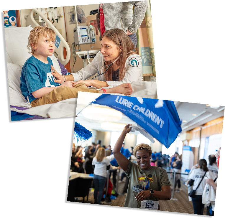One image of a doctor with patient and one of a smiling participant walking inside