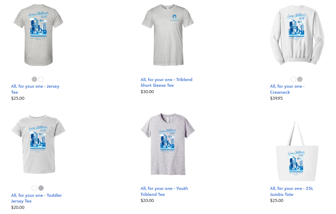 Six pieces of Lurie Children's merchandise that can be purchased to show your spirit