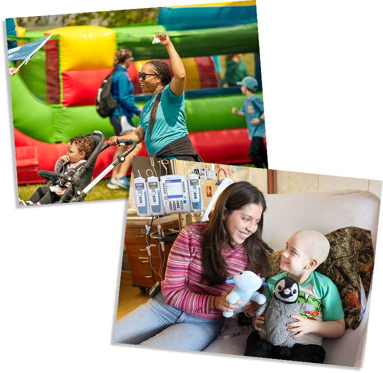 Two images stacked, one of a mother pushing a child in a stroller outside, the other a woman and child patient in the hospital