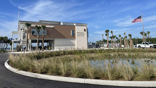 building with pond in front