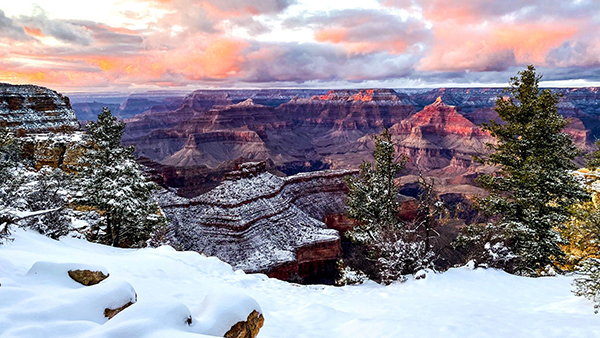 snowy sunset at Grand Canyon NP