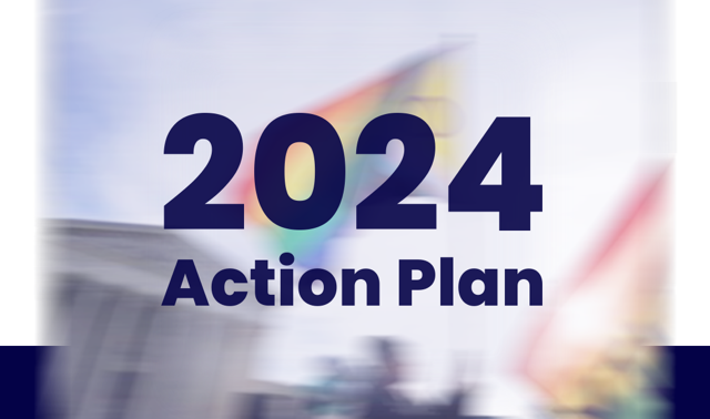 Blurry photo of a pride flag waving, 2024 action plan.