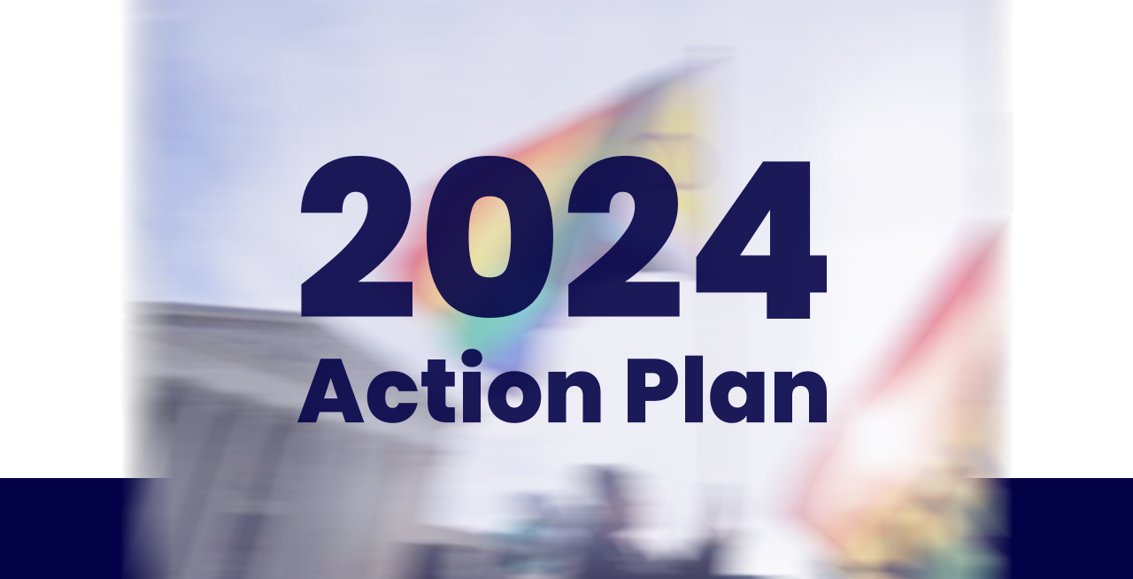 Blurry photo of a pride flag waving, 2024 action plan.