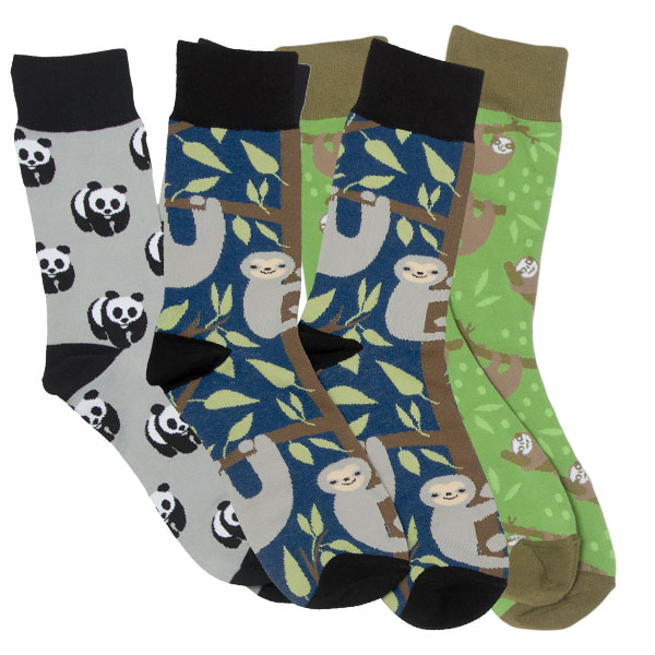 two pairs of sloth socks and one pair of WWF logo socks