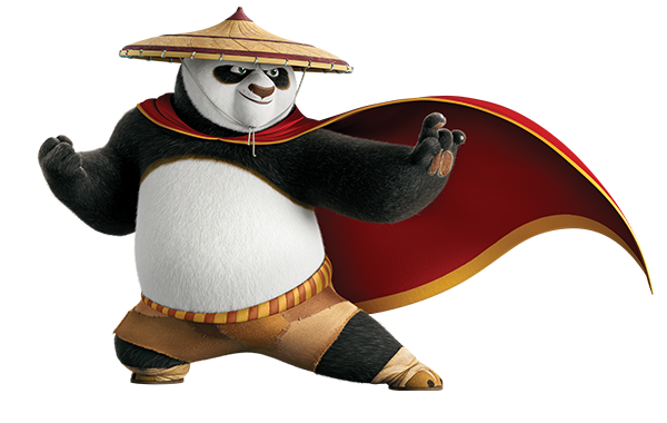 Po from Kung Fu Panda 4 in a stance, wearing a red cape